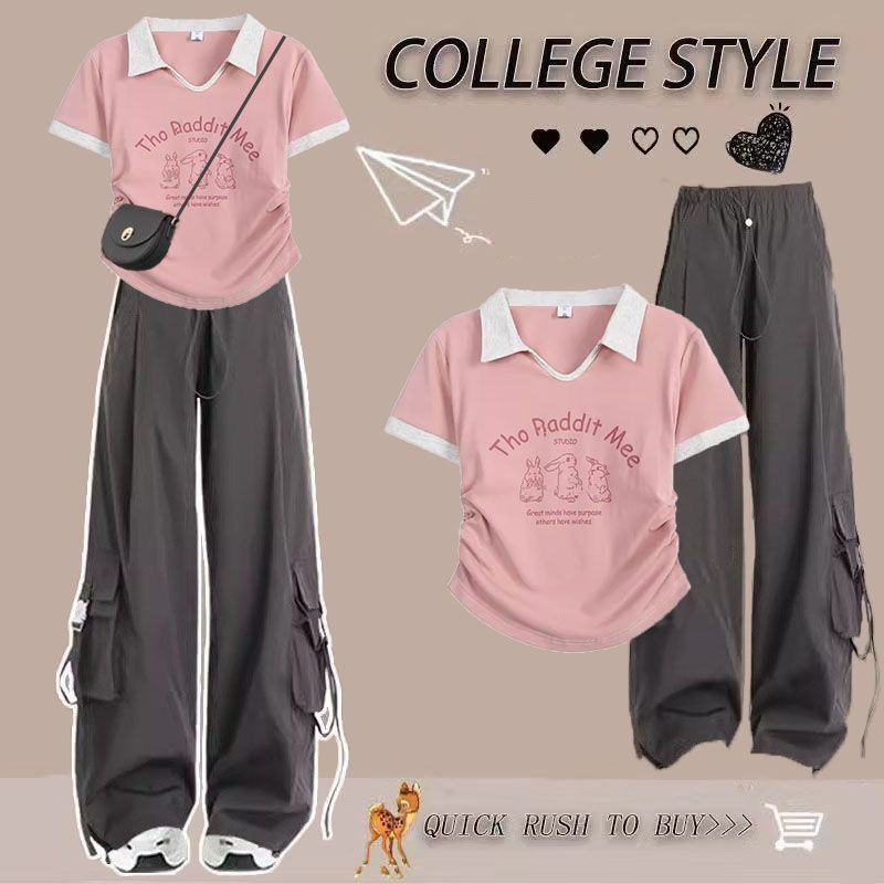 学院风中大童夏季套装潮12-16岁洋气Polo领短袖工装阔腿裤两件套