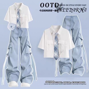 夏装中大童一整套衣服洋气学院风短袖jk衬衫炸街工装裤两件套装女