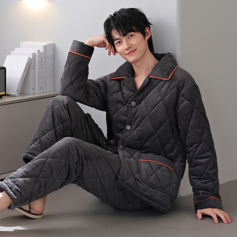 睡衣男冬季保暖灯芯绒三层夹棉套装加厚加绒秋冬高级感家居服棉袄