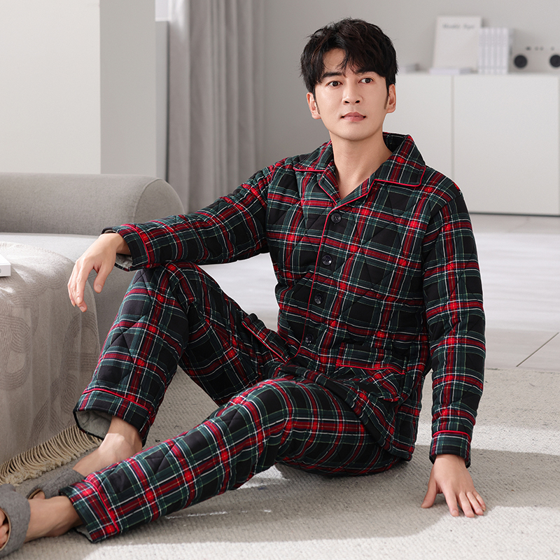 睡衣男冬季三层加厚纯棉夹棉男生冬天休闲格子保暖加绒棉袄家居服