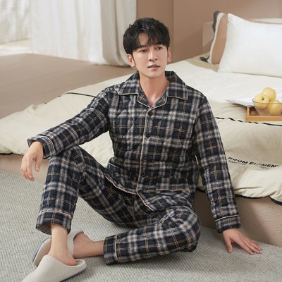 保暖纯棉三层夹棉睡衣男冬季加厚中青年爸爸可外穿休闲家居服秋冬