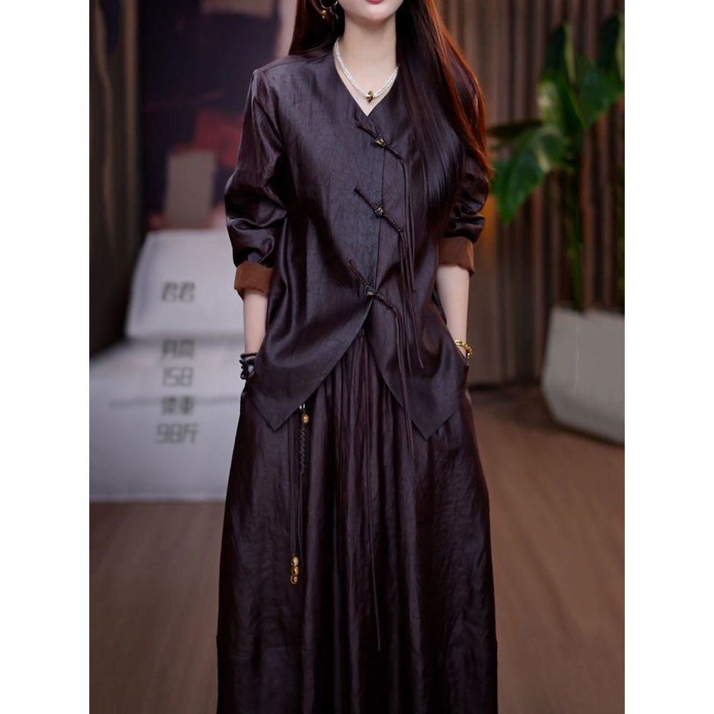 女装优雅文艺风长裙套装女裙秋季新款新中式盘扣长袖衬衫+半身裙