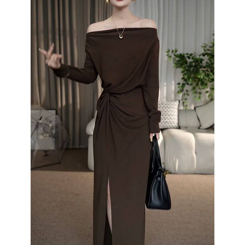 时尚名媛风秋季新款韩系女裙一字领连衣裙端庄优雅气质侧开叉长裙,女装/女士精品,连衣裙,淘宝优惠券,粉丝福利购,淘宝优惠卷