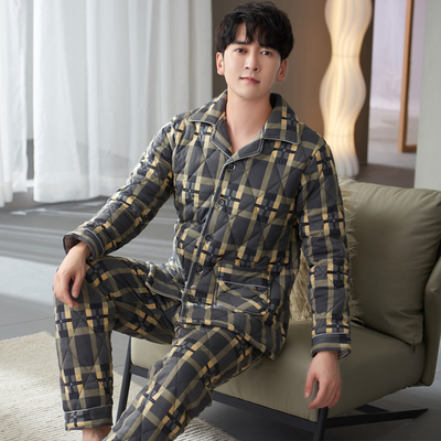 加棉加厚男秋冬款睡衣保暖纯棉三层夹棉中年爸爸可外穿格子家居服