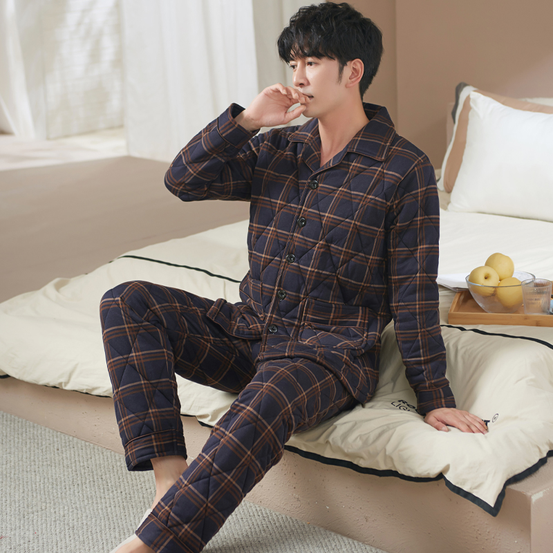 冬季纯棉套装三层夹棉加厚秋冬保暖男款睡衣简约棉袄可外穿家居服