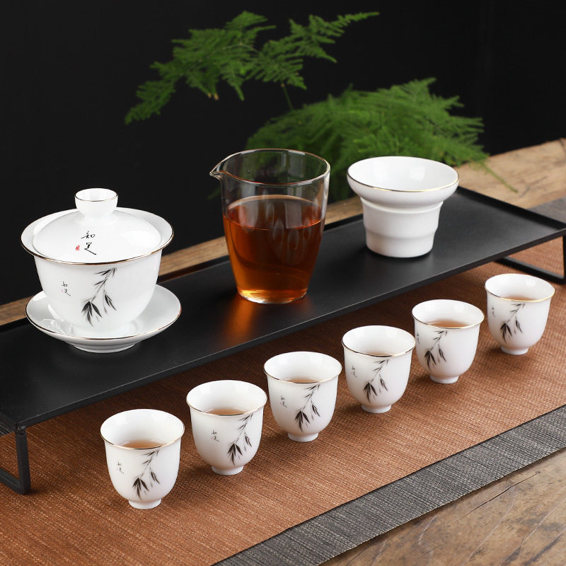 功夫茶具套装 整套羊脂玉高白瓷青花瓷盖碗陶瓷茶具 礼品定制LOGO