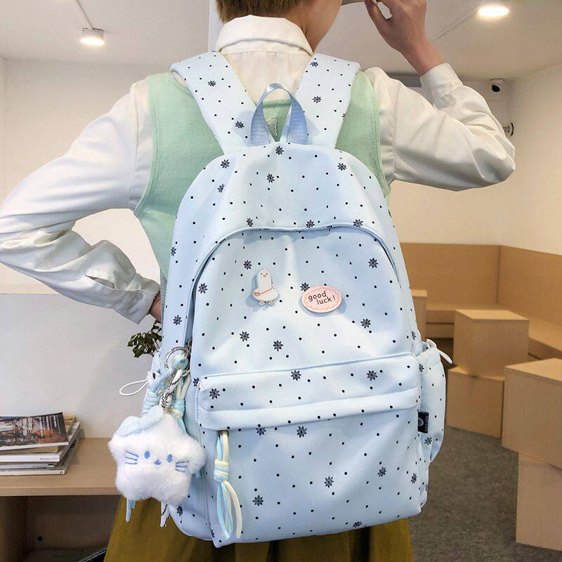2026新款少女风蓝色波点双肩包女学生高颜值大容量可爱背包电脑包