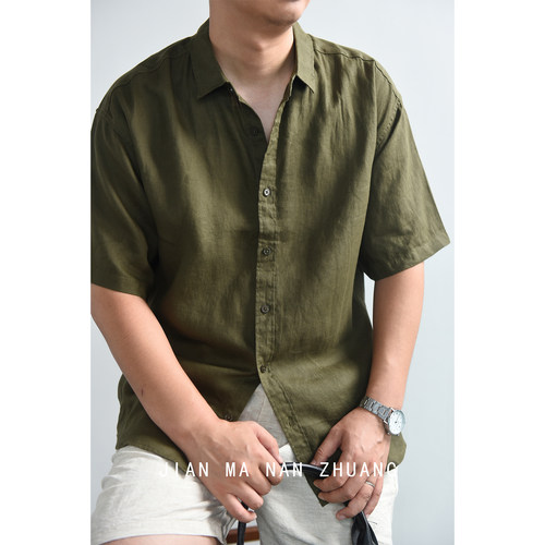 简麻男装夏季短袖亚麻衬衫时尚休闲男宽松百搭上衣薄款麻料衬衣潮
