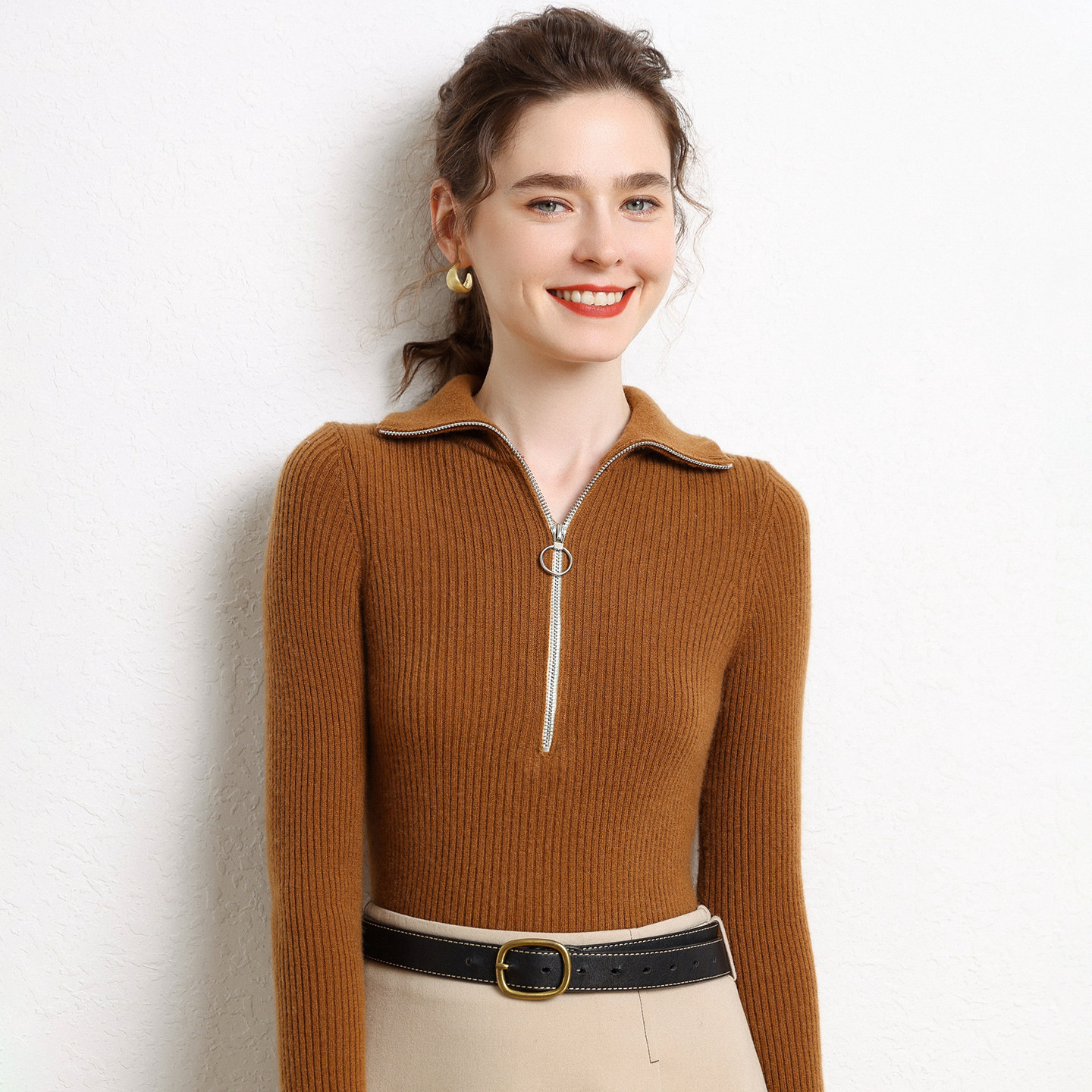 【假一赔十】35%小山羊绒女翻领半拉链毛衣外穿可内搭针织打底衫,女装/女士精品,羊绒衫,淘宝优惠券,粉丝福利购,淘宝优惠卷