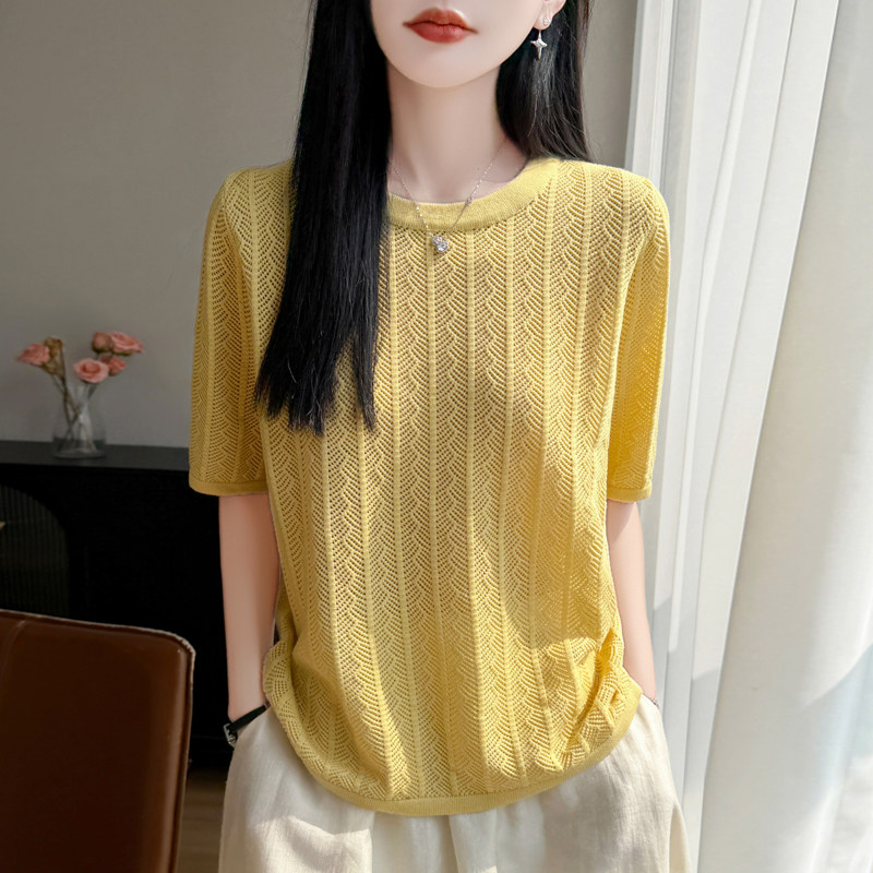 夏季镂空精纺羊毛短袖T恤女