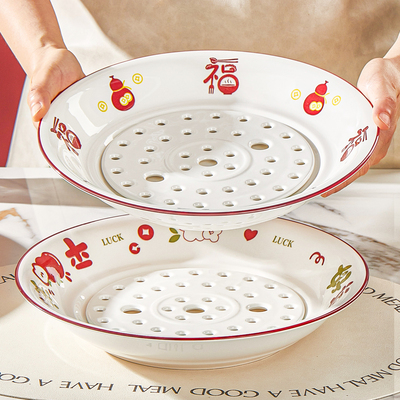 若岚陶瓷饺子盘超大号沥水水饺盘