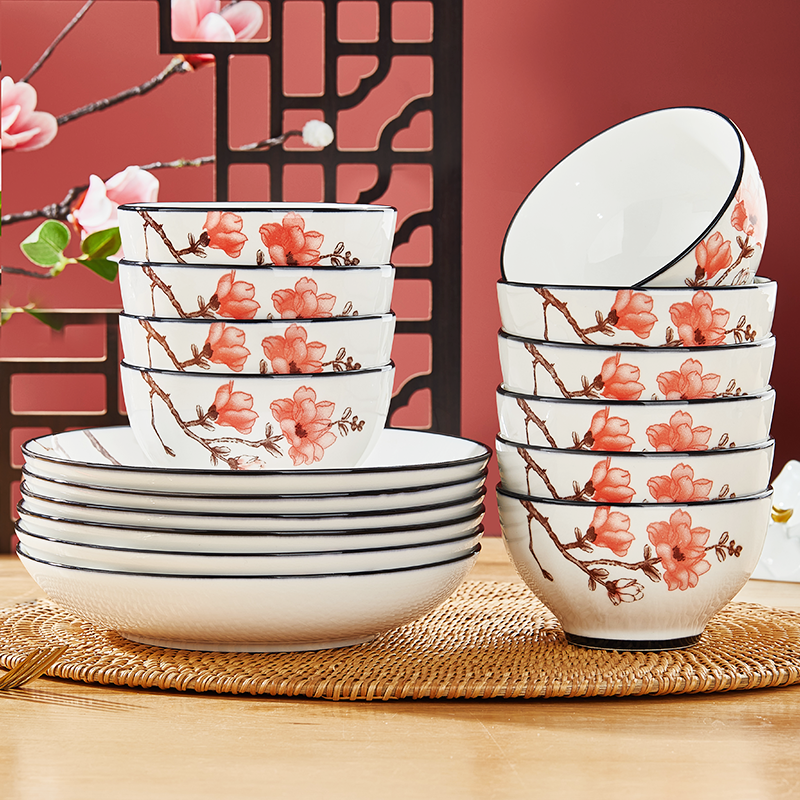 釉下彩陶瓷碗盘组合家用2026新款高颜值可微波高脚防烫餐具套装,餐饮具,碗,淘宝优惠券,粉丝福利购,淘宝优惠卷