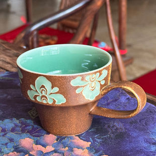 手工剃釉宝相花咖啡杯200ml精致水杯马克杯龙泉青釉