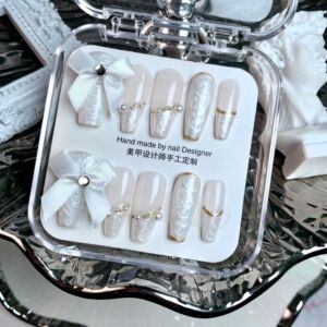 手工制作穿戴甲ins蝴蝶结法式仙女简约飘带冰透可拆卸美甲贴