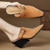 真皮尖头高跟外穿一脚蹬穆勒鞋 设计感厚底坡跟半拖鞋 2025春夏新款