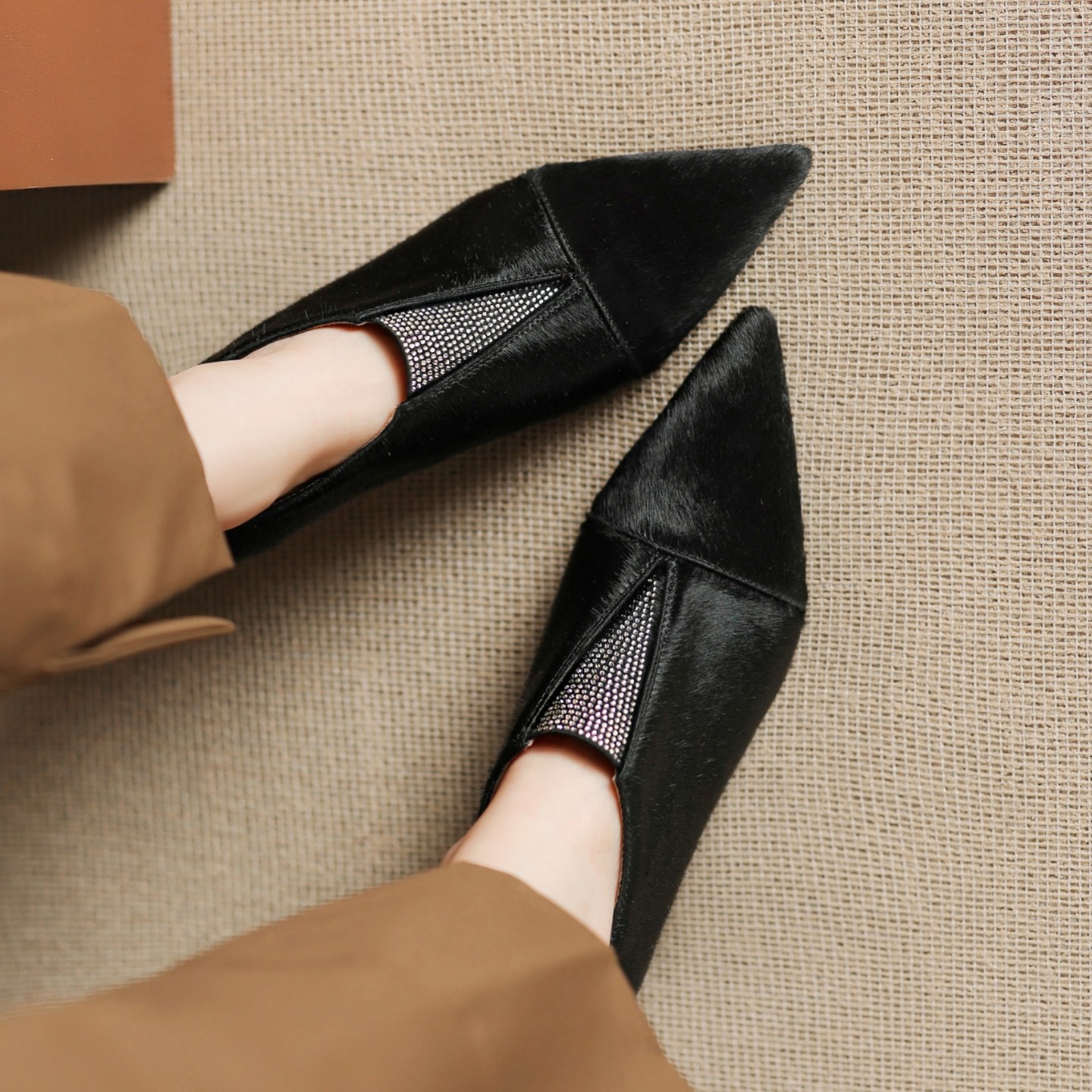 2026新款气质马毛水钻深口高跟单鞋女性感细跟及踝靴真皮灌灌鞋女,女鞋,时装靴,淘宝优惠券,粉丝福利购,淘宝优惠卷