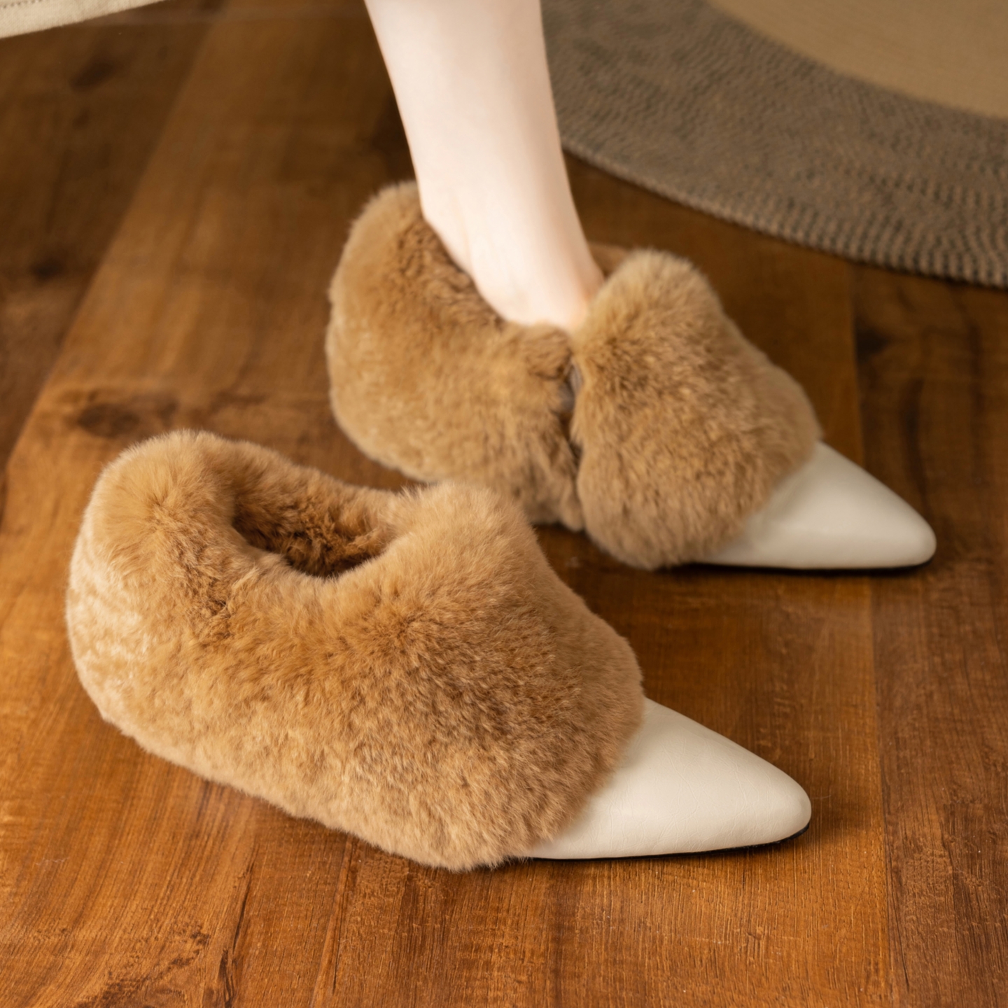 冬季撞色中跟内增高深口毛毛鞋女