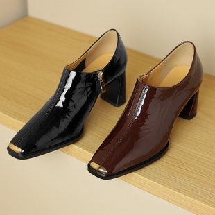 女深口真皮小皮鞋 女鞋 软皮工作鞋 粗跟高跟鞋 2024春秋新款 方头单鞋