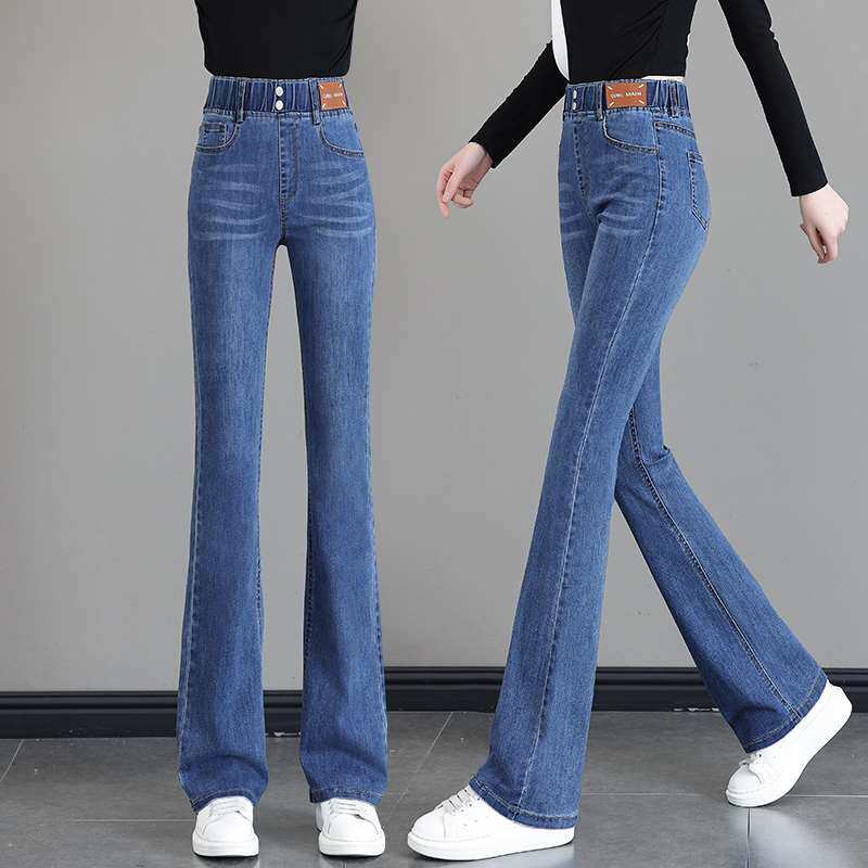 松紧腰牛仔裤女秋冬小个子九分微喇裤2025新款高腰显瘦大码喇叭裤