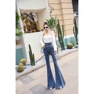 大喇叭高腰长裤 收腰包臀弹力牛仔裤 欧洲站裤 新款 女显高瘦 秋季 时尚