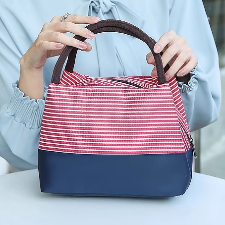 牛津布条纹布包加厚防水保温饭盒袋手拎便当包手提包妈妈包化妆包