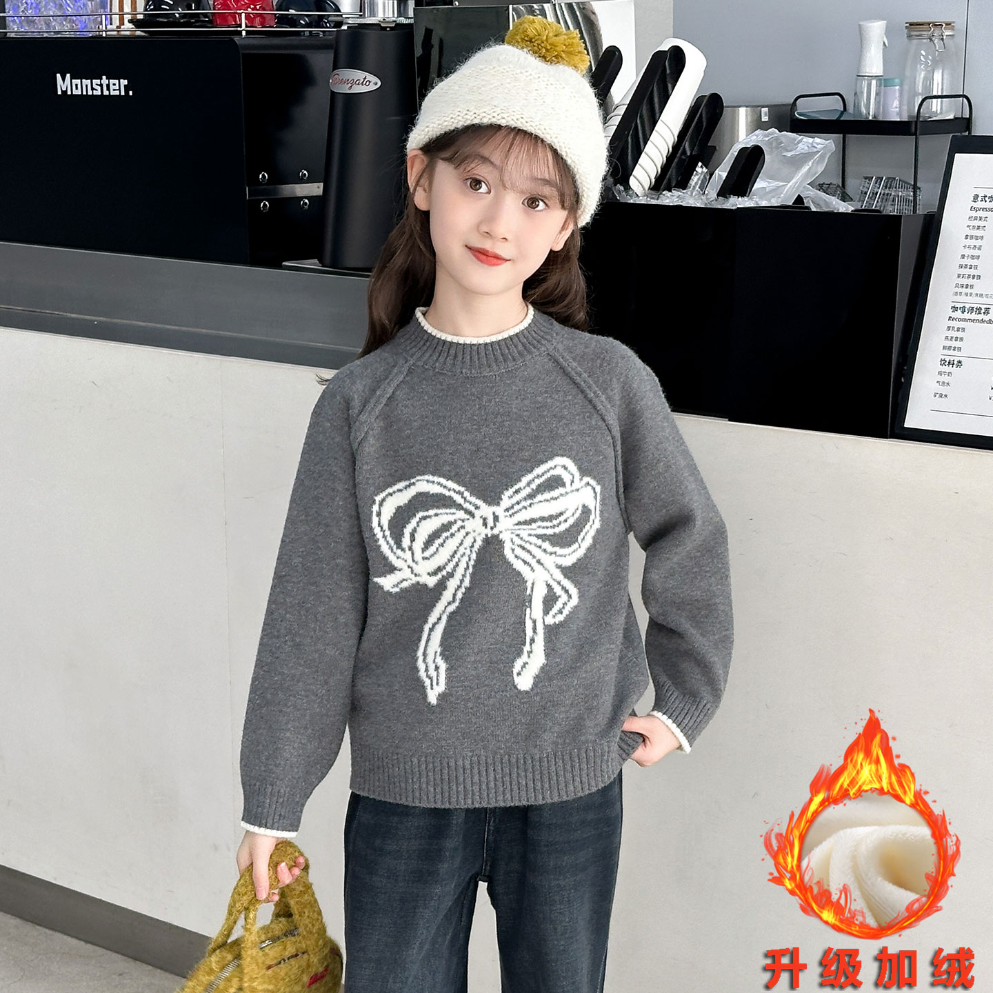 女童蝴蝶结毛衣秋冬款2025新款加绒加厚中大童女孩儿童针织打底衫