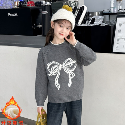 女童蝴蝶结毛衣秋冬款2025新款加绒加厚中大童女孩儿童针织打底衫