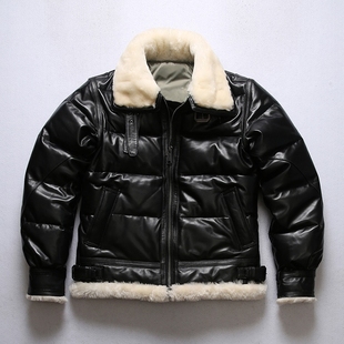 欧美空飞行服B3皮毛一体男大毛翻领真皮夹克加厚绵羊皮羽绒服