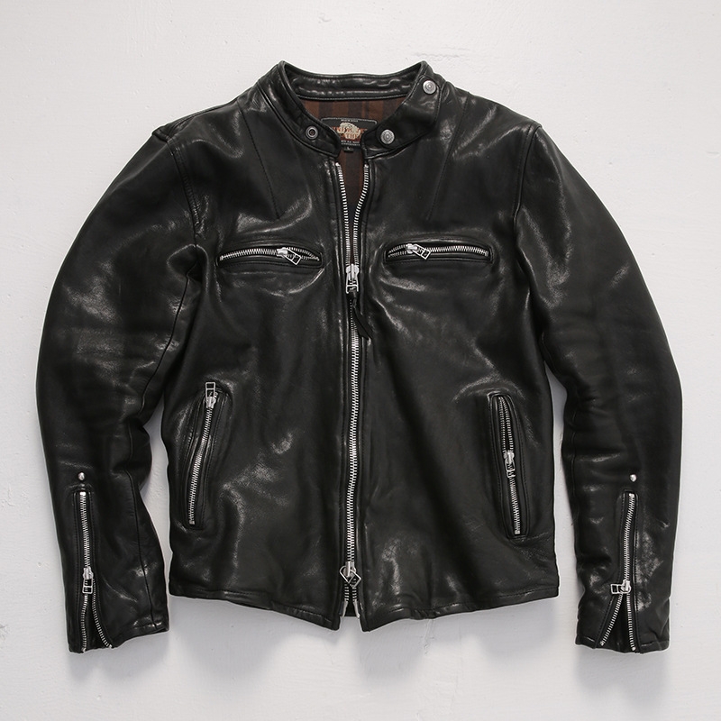 美式机车阿美咔叽复古J100真皮皮衣男士 全植鞣绵羊皮夹克外套