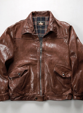 lew全植鞣牛皮飞行服夹克男士复古翻领休闲真皮皮衣