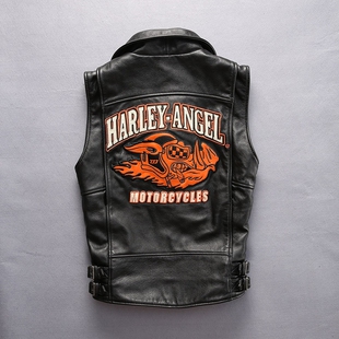 HARLEY哈雷背心休闲头层牛皮马甲男女情侣款幸运猪头真皮机车马甲