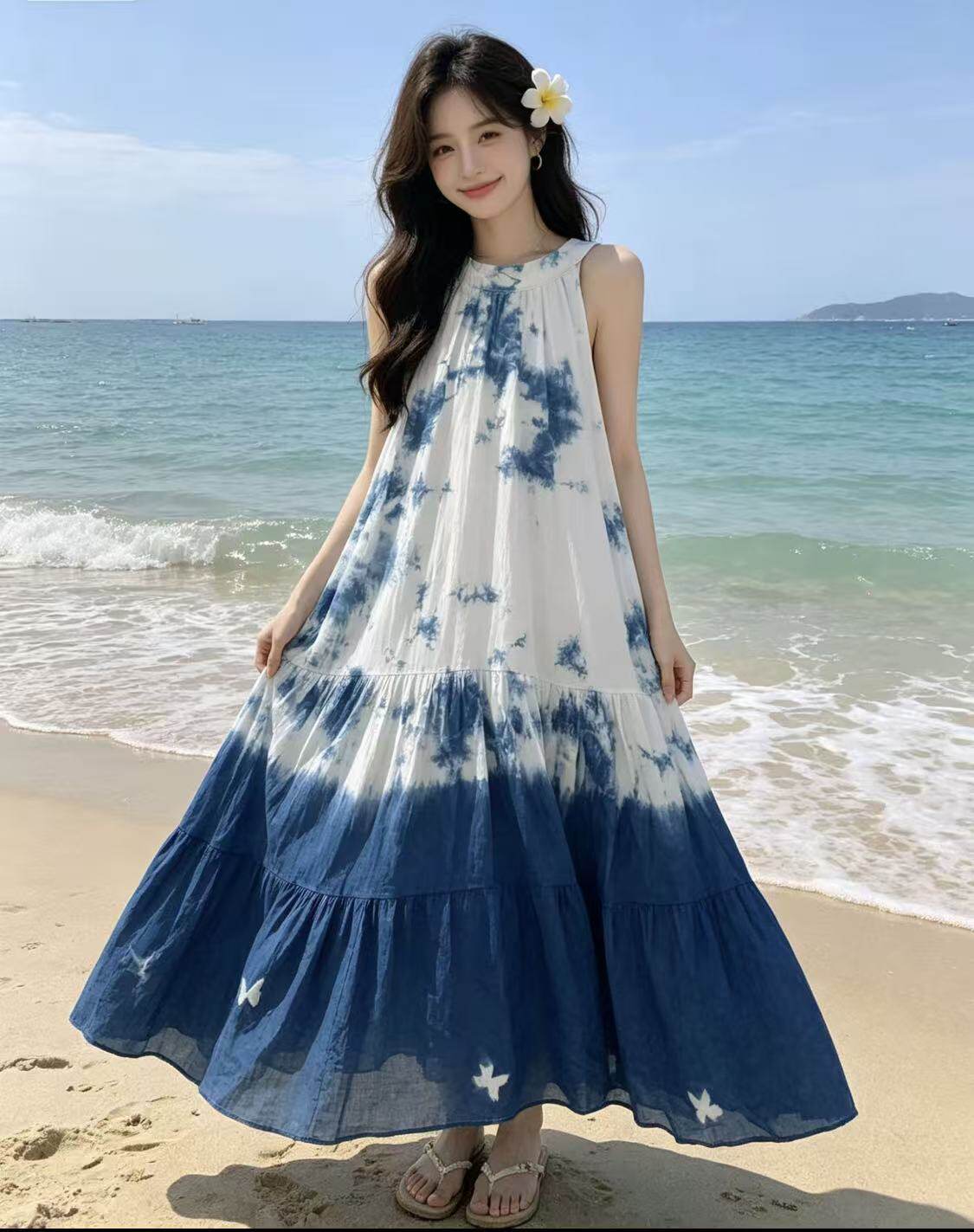 原创纯植物板蓝根手工扎染连衣裙长裙吊带裙女装中国风裙子女夏