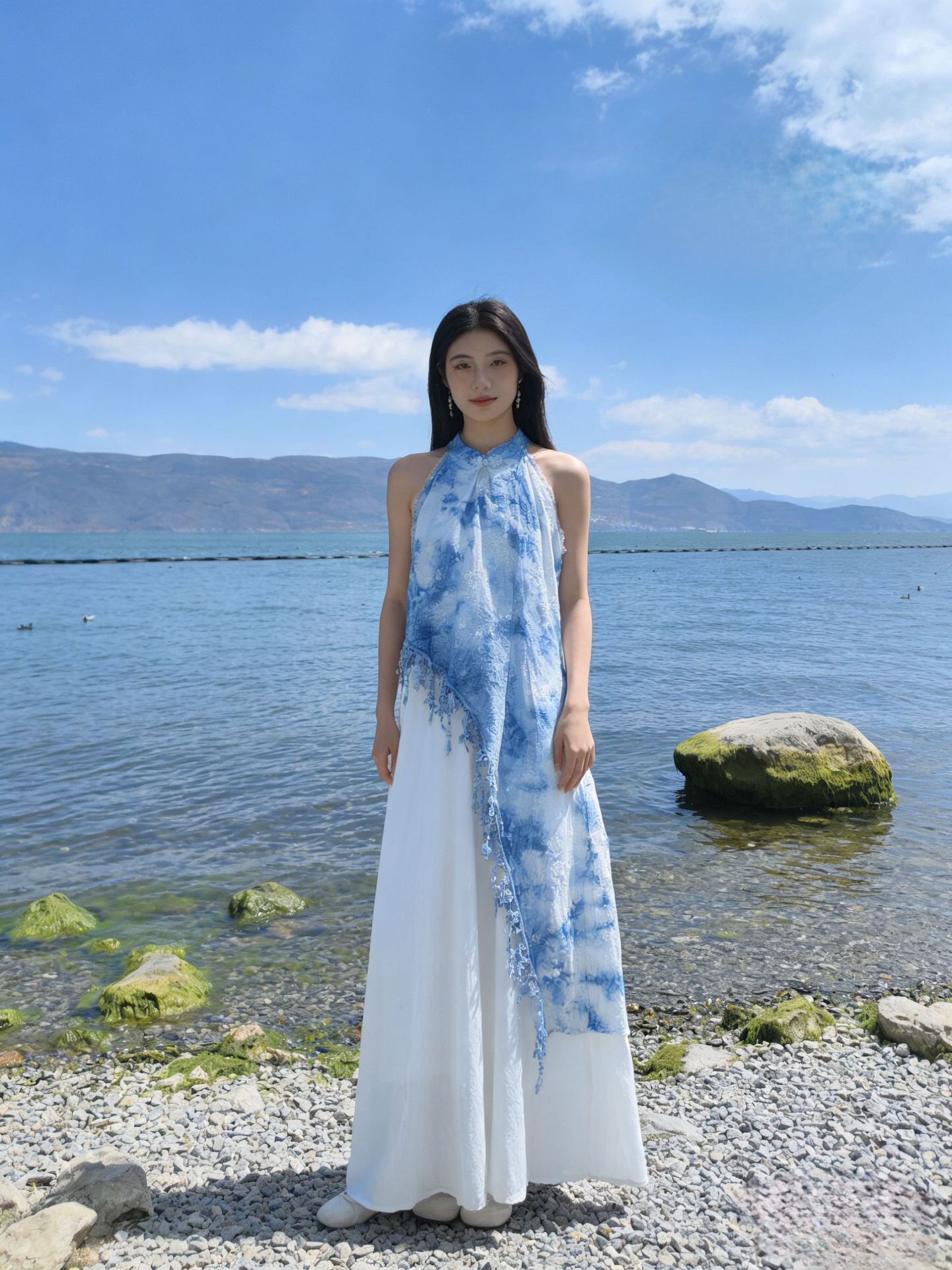 云南丽江大理扎染法式挂脖连衣裙茶歇26女装夏不规则度假大摆长裙