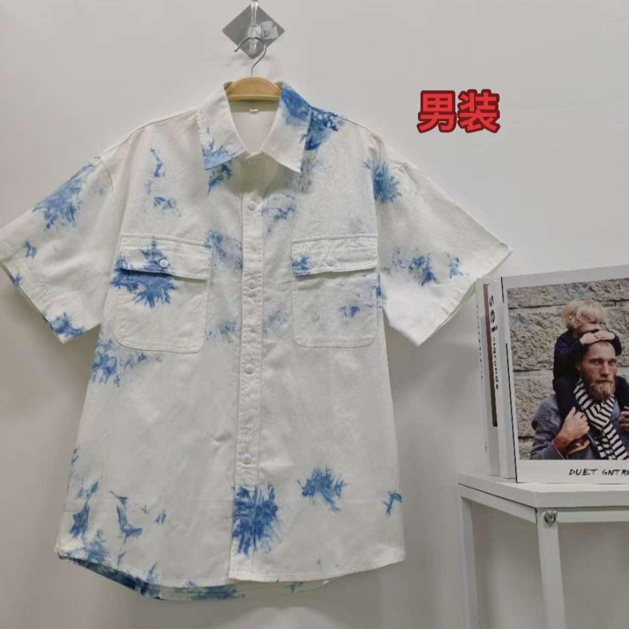 云南手工扎染男碎花衬衫宽松大码衬衣开衫青少年海边休闲半袖外套
