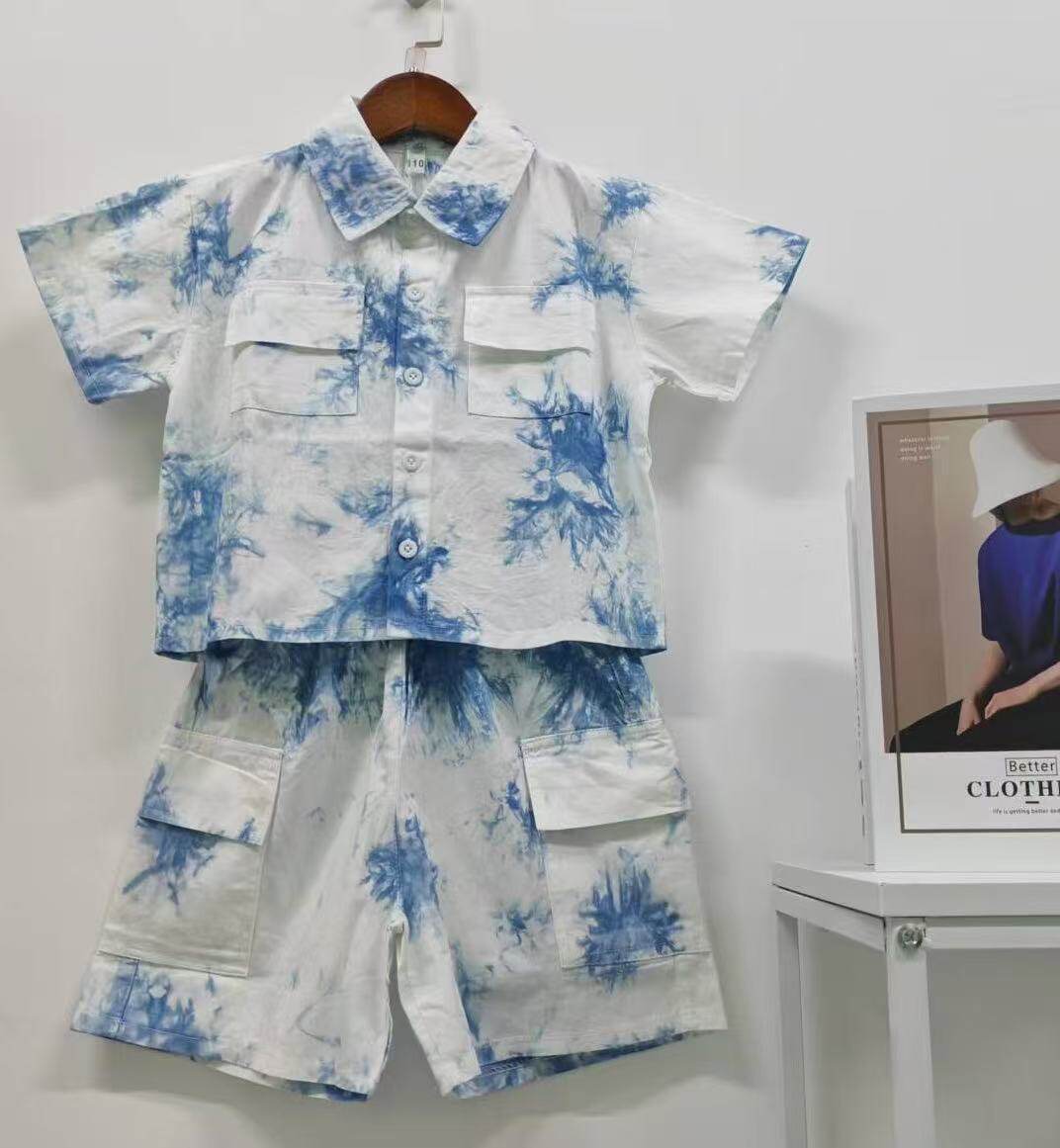 原创手工植物蓝染棉麻工装短袖宽松两件套男童扎染多口袋衬衫套装图片