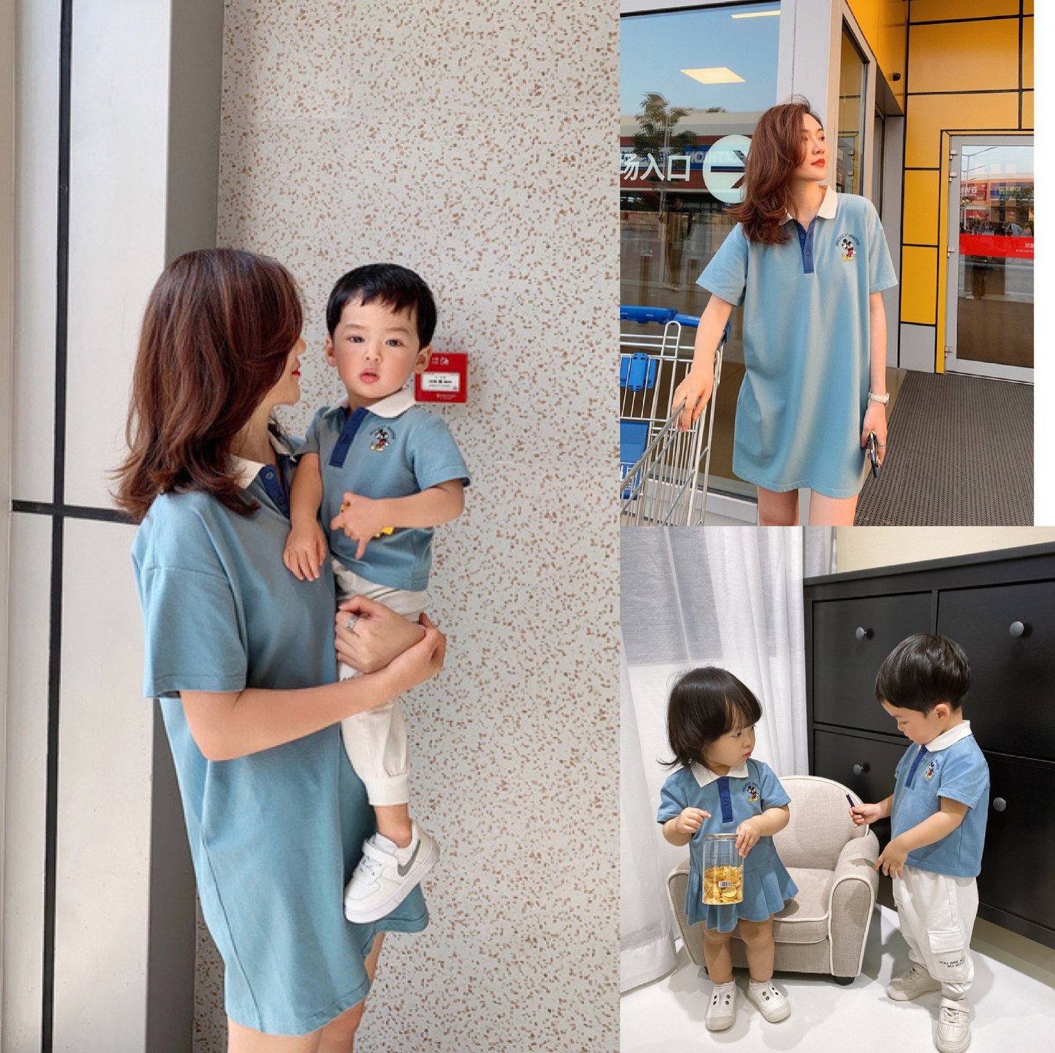 米奇米妮亲子装短袖polo衫裙兄妹姐弟装网红亲子连衣裙翻领t恤裙