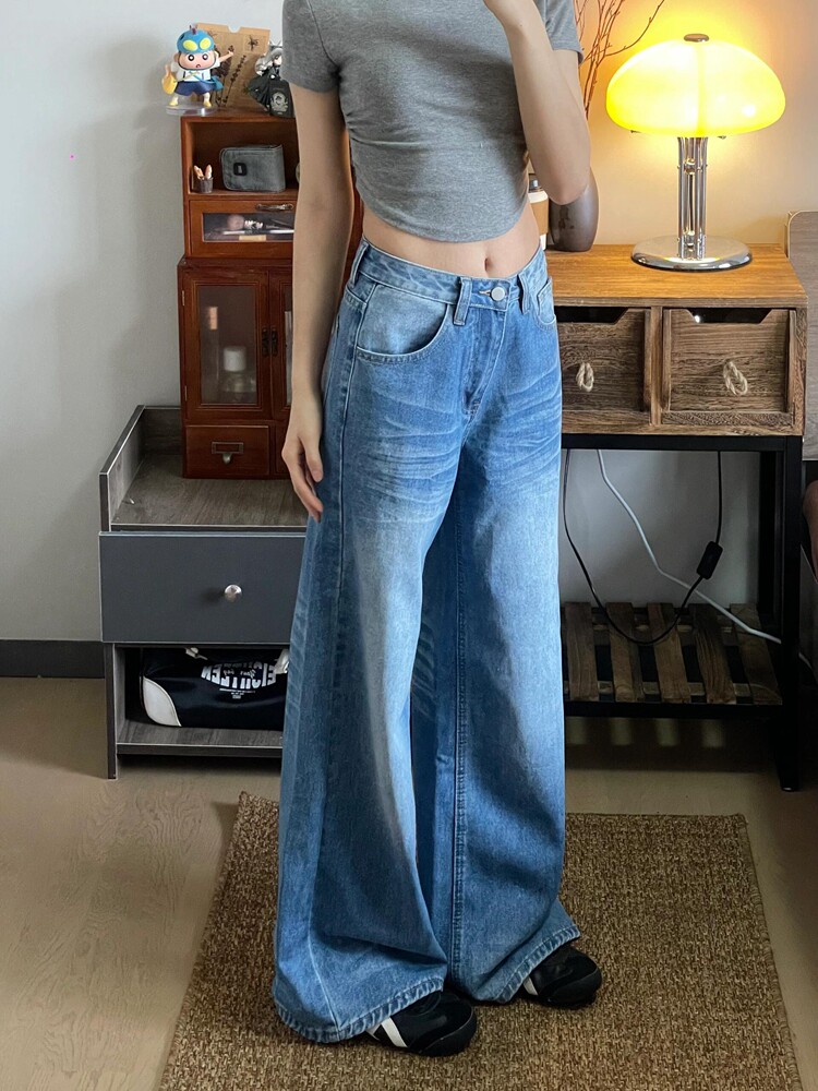 여성용 대형 아메리칸 레트로 워시 디자인 스트레이트 청바지 여름 새로운 루즈 스트레이트 슬림 와이드 레그 팬츠