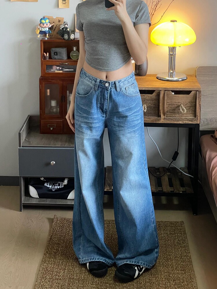 여성용 대형 아메리칸 레트로 워시 디자인 스트레이트 청바지 여름 새로운 루즈 스트레이트 슬림 와이드 레그 팬츠