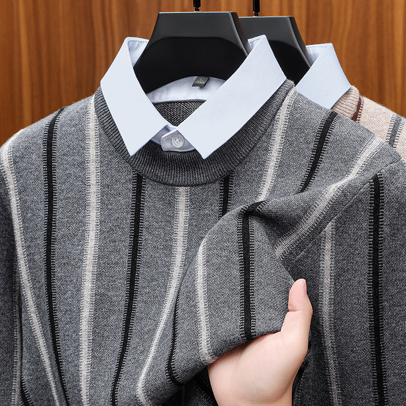 韩版条纹衬衫领假两件毛衣男士秋冬季加厚百搭宽松打底针织衫内搭,男装,针织衫/毛衣,淘宝优惠券,粉丝福利购,淘宝优惠卷