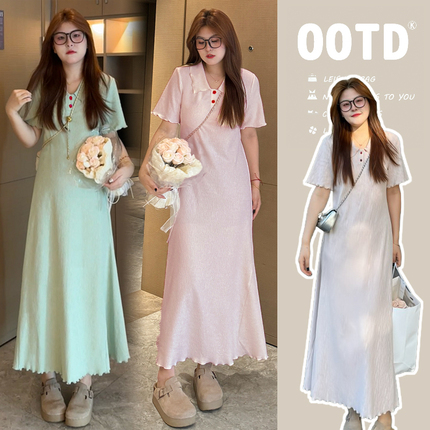 Maternity Summer New Short-Sleeved Lapel Dress with a Slimming Texture and Elastic A-Line Mid-Length Maternity Dress