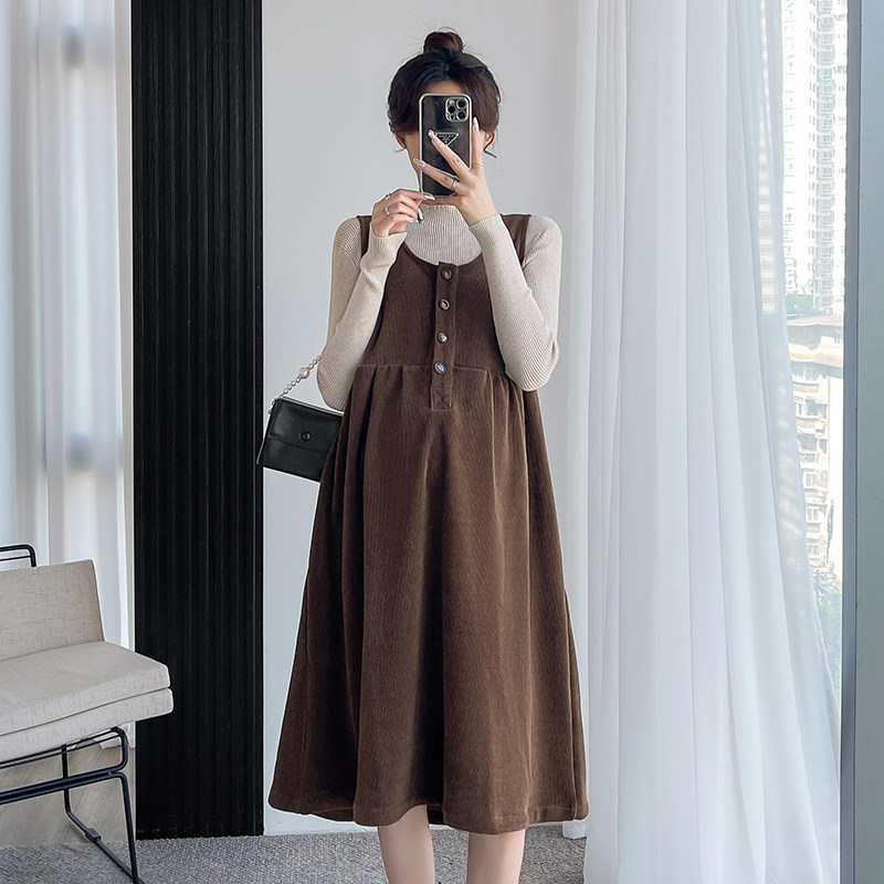 MATERNITY SUIT FASHIONABLE SPRING AND AUTUMN STYLE NEW TEMPERAMENT AGE REDUCTION BELLY COVERING OVER-THE-KNEE MID-LENGTH STRAP SKIRT TWO-PIECE SET