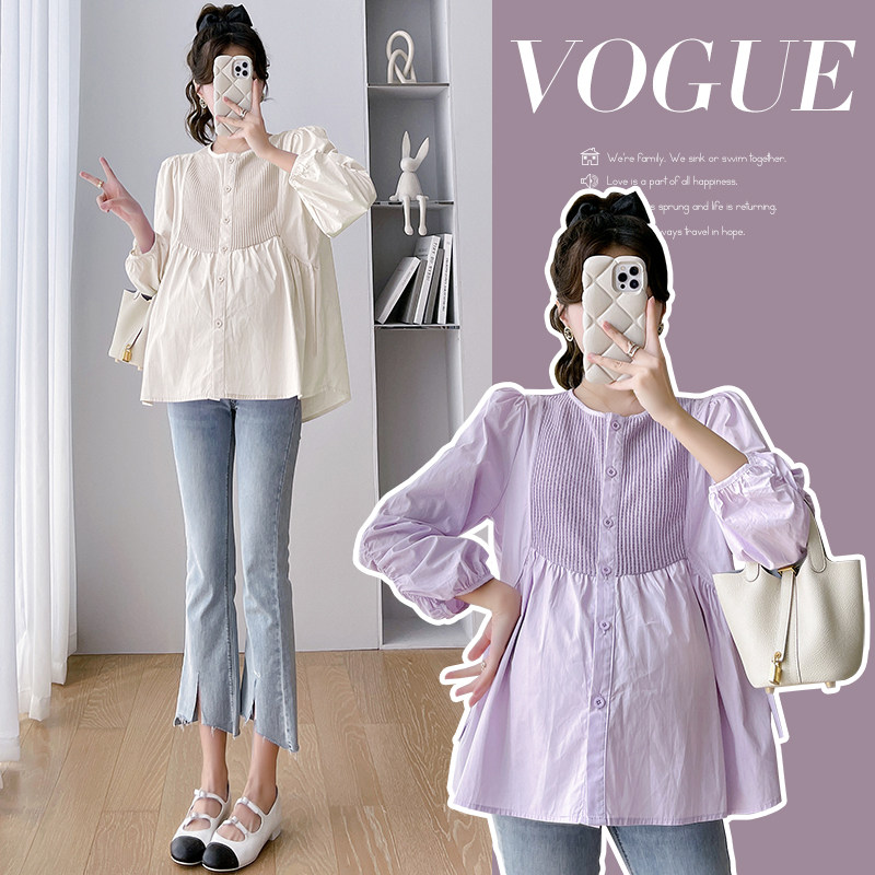 2024 출산 착용 가을 새로운 다목적 패션 유행 엄마 느슨한 슬리밍 작은 신선한 셔츠 접합 탑 셔츠