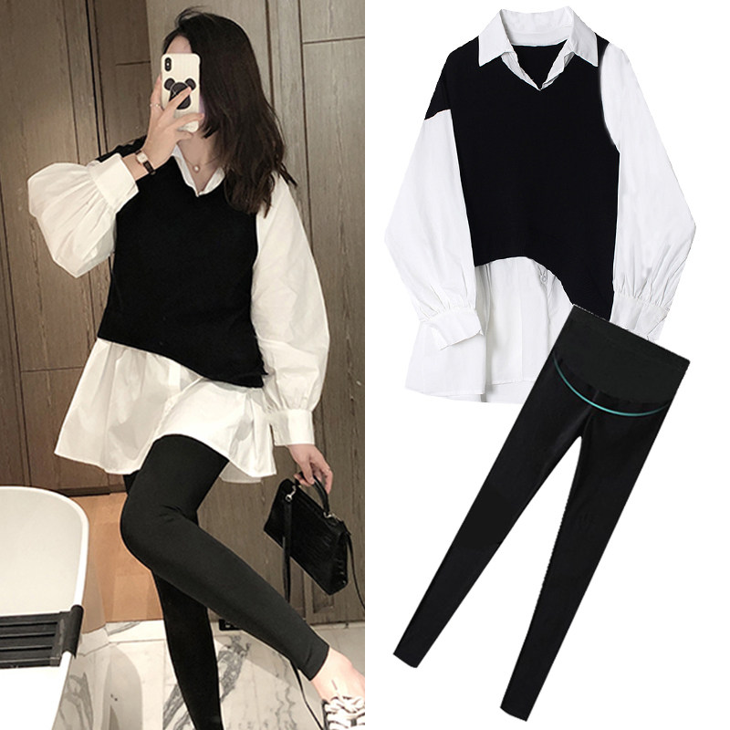 PREGNANT WOMEN AUTUMN CLOTHES SET 2024 FASHION STYLE INTERNET CELEBRITY FAKE TWO-PIECE TEMPERAMENT SPRING AND AUTUMN DRESS LONG SLEEVE AUTUMN TOP WOMEN