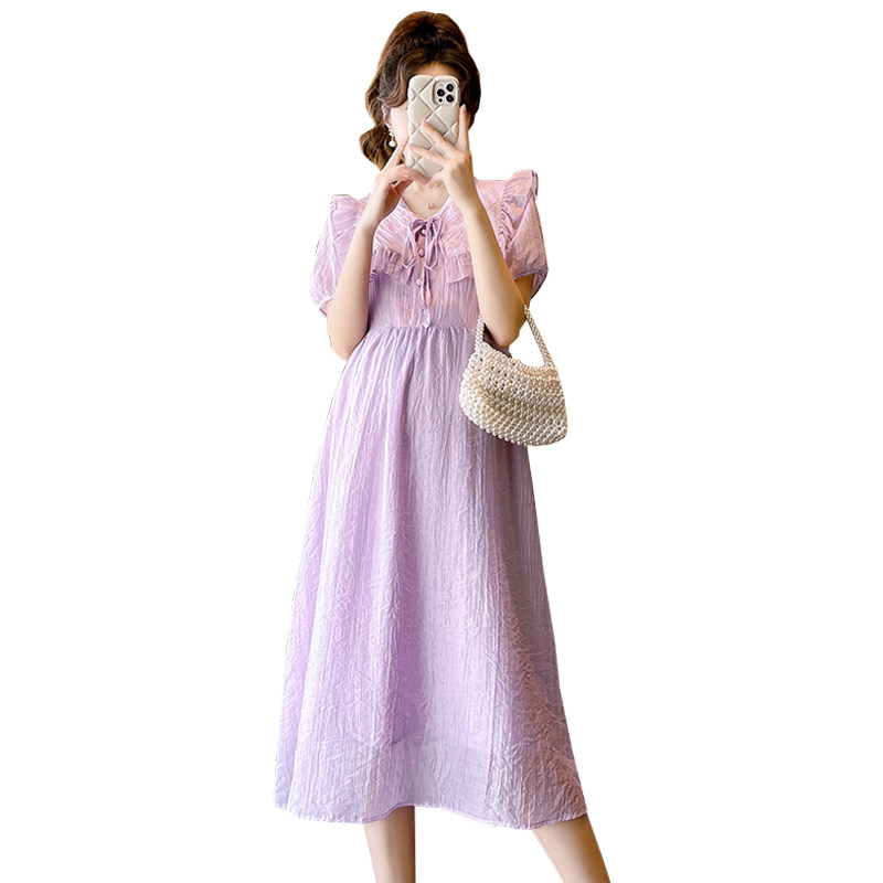 MATERNITY SUMMER SKIRT 2023 NEW FASHION WEAR OUTWARD SENSE OF LUXURY GENTLE PURPLE DOLL COLLAR SUMMER DRESS WOMEN