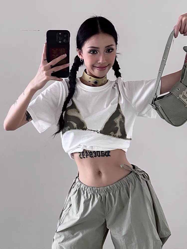 美式街头短袖女2024新款夏季比基尼印花复古辣妹t恤圆领短款上衣