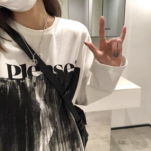美式复古chic长袖T恤女早秋韩版字母印花圆领薄外套宽松学生上衣