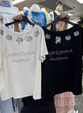KAKAMEE十三行夏季韩系甜美斜肩重工烫钻字母KT图案短袖T恤上衣潮