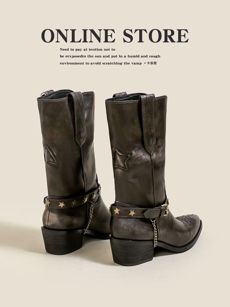 칼로토  가죽 자수 웨스턴 카우보이 부츠 여성용 황무지 스타일 낡고 긁힌 오각별 종아리 중간 부츠 마틴 부츠