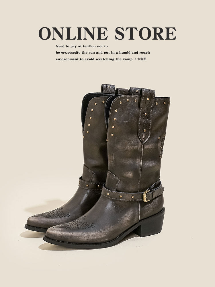 칼로토  가죽 자수 웨스턴 카우보이 부츠 여성용 황무지 스타일 낡고 긁힌 오각별 종아리 중간 부츠 마틴 부츠