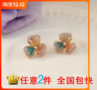 韩国通勤进口猫眼石风车花瓣枫叶树叶镂空耳钉耳环耳饰小巧可爱女